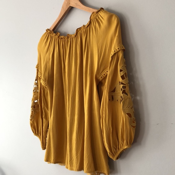 Boho Crochet Lace Embroidery Golden Yellow 3/4 Sleeve top Small - Picture 9 of 13
